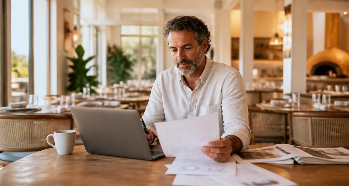 Jacksonville restaurant owner reviewing marketing plans at a table with a laptop