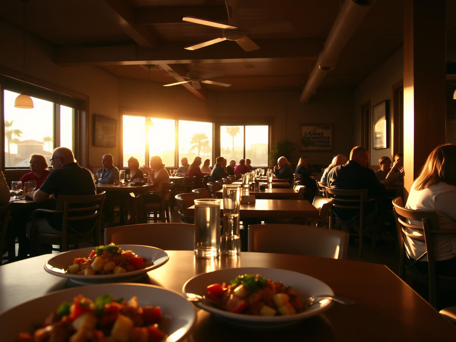 Busy Jacksonville restaurant dining room at golden hour with plated food in the foreground