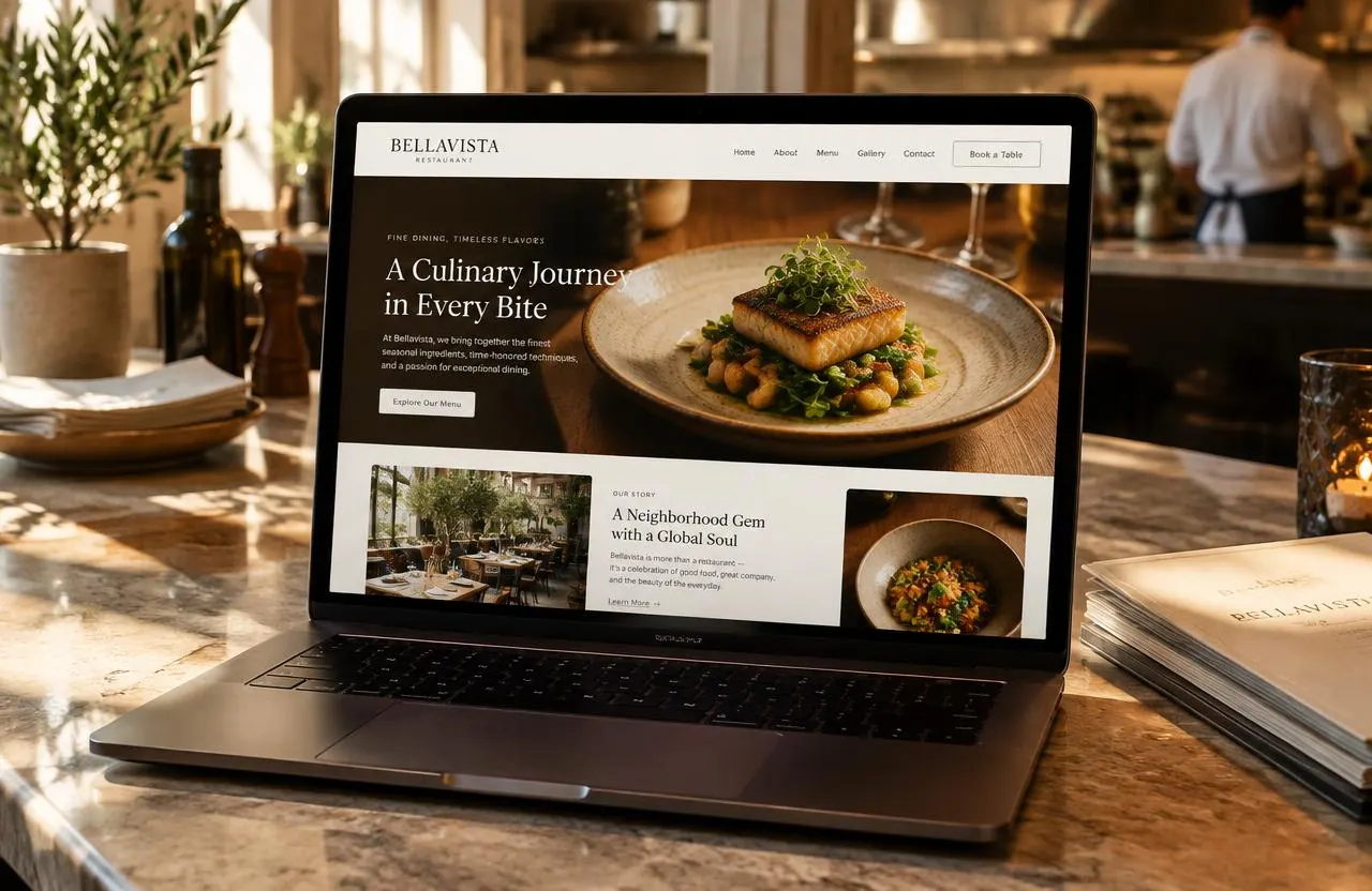 Jacksonville restaurant owner reviewing marketing plans at a table with a laptop